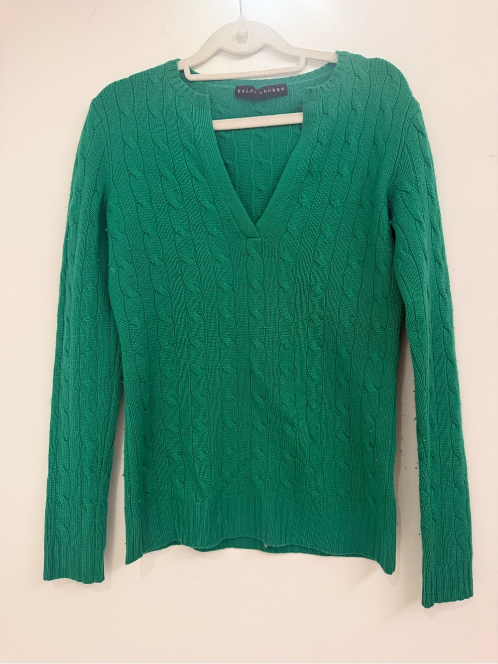 Ralph Lauren Black Label Emerald Green Cable-Knit V-Neck Sweater